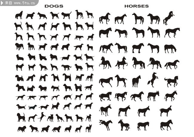 矢量马和狗剪影图
