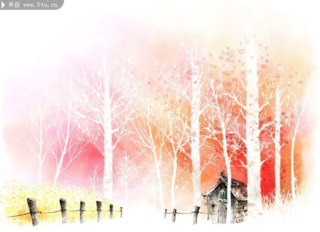 冬天风景画 树木装饰画图片