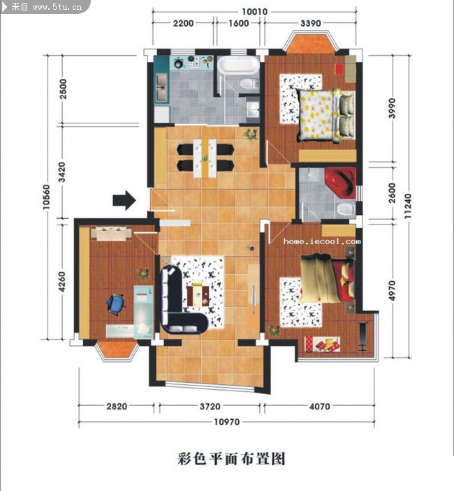 三房一厅平面图 彩绘室内平面效果图