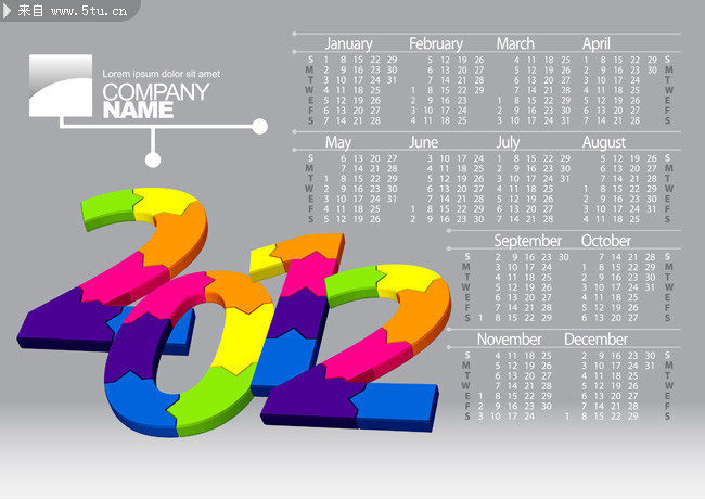 企业桌面台历模板 2012年月历矢量图