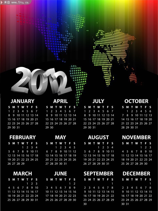 2012年英文日历模板