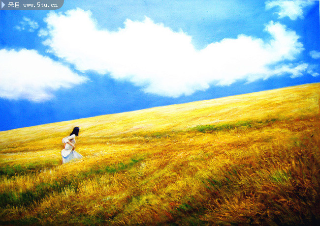 人物风景油画图片 麦田与少女照片-自然风光-百图汇