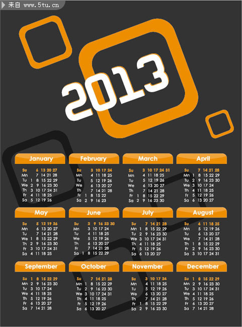 2013年日历表矢量模板 蛇年英文日历