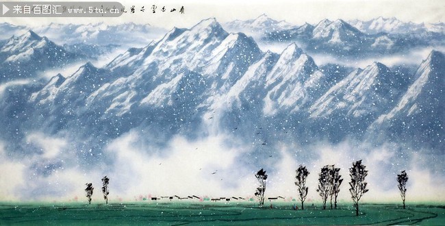 雪山风光油画图片