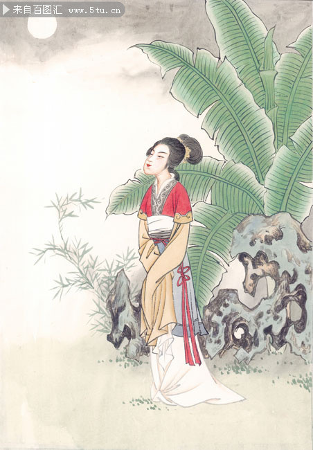 月下芭蕉 古代仕女图片素材