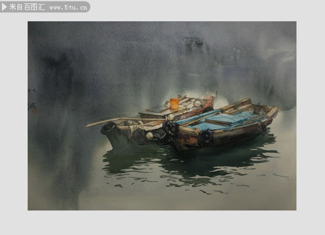湖中小船油画图片