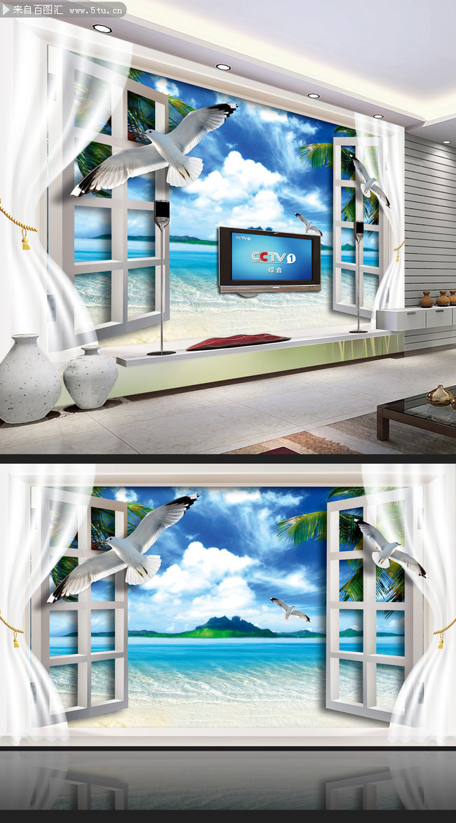 3D海滩风景电视墙素材