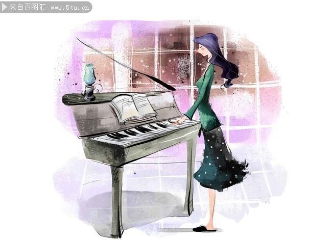 弹钢琴的女孩手绘插画图片