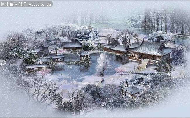 古代园林建筑雪景景观设计