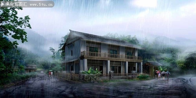 雨中古典建筑设计效果图