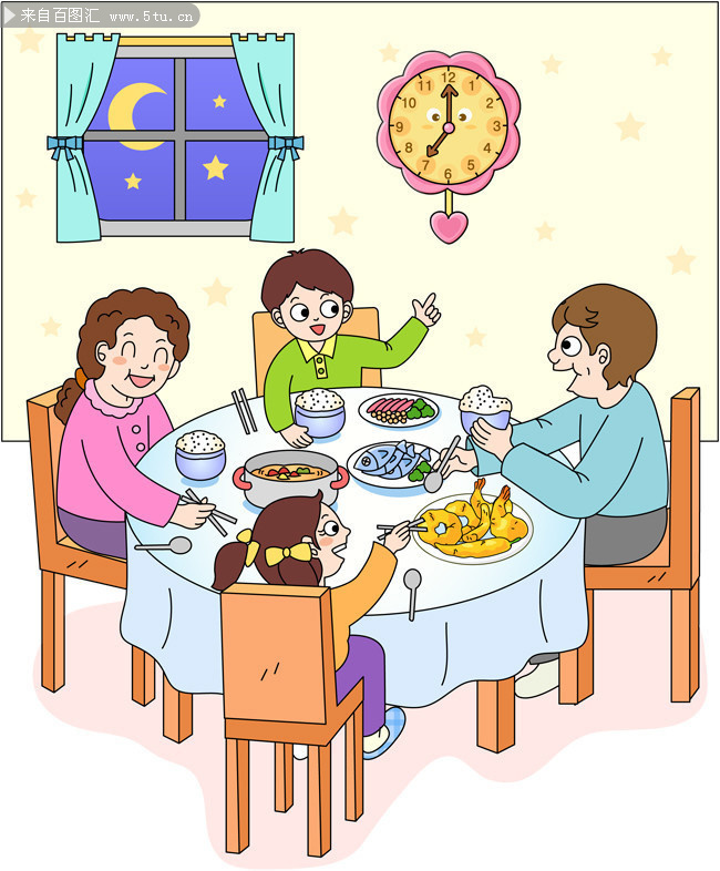 吃年夜饭的一家人卡通插画图片下载