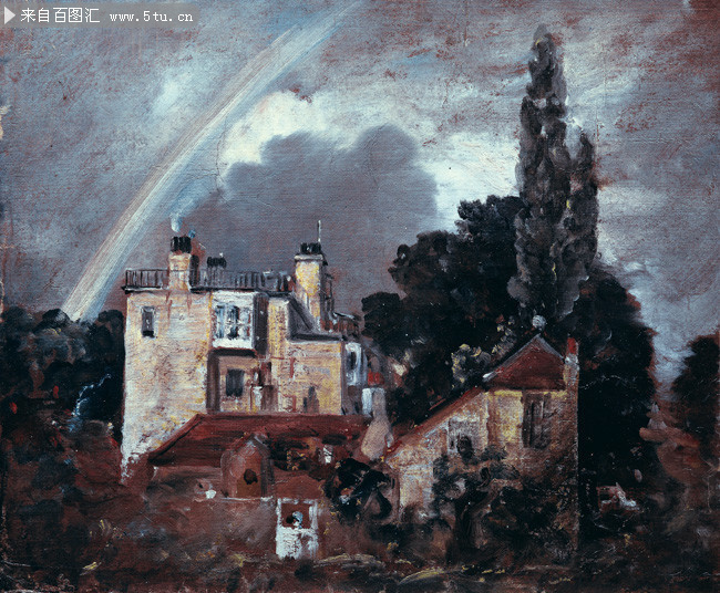风景油画 有彩虹的古堡_康斯坦布尔