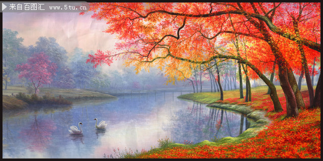 唯美天鹅湖油画装饰画图片