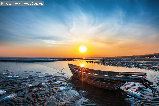 夕阳小船唯美风景图片素材