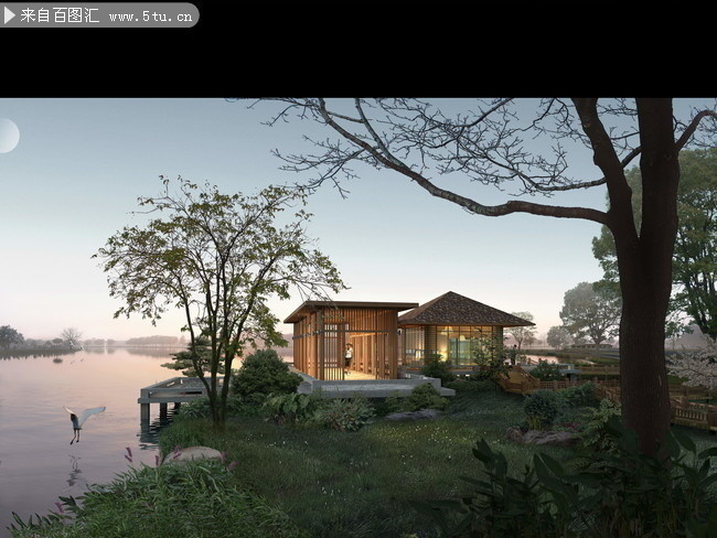 湖边黄昏景观设计效果图图片