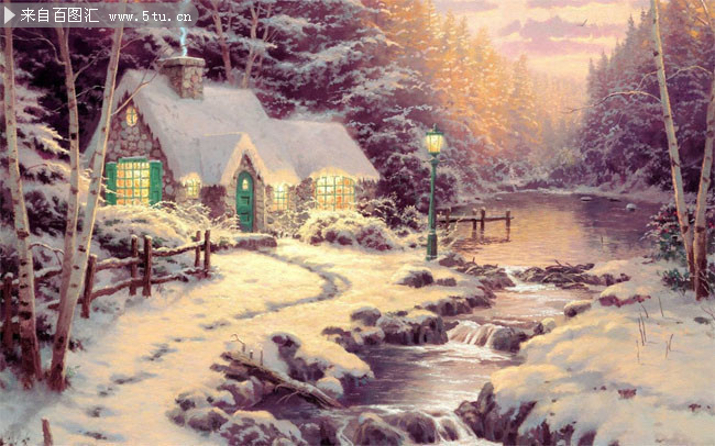 冬天雪地风景油画图片