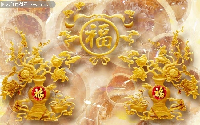 彩雕牡丹福装饰壁画下载