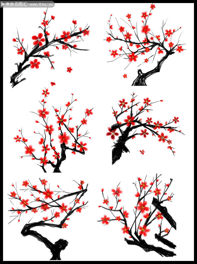 中国风水墨手绘梅花套图元素