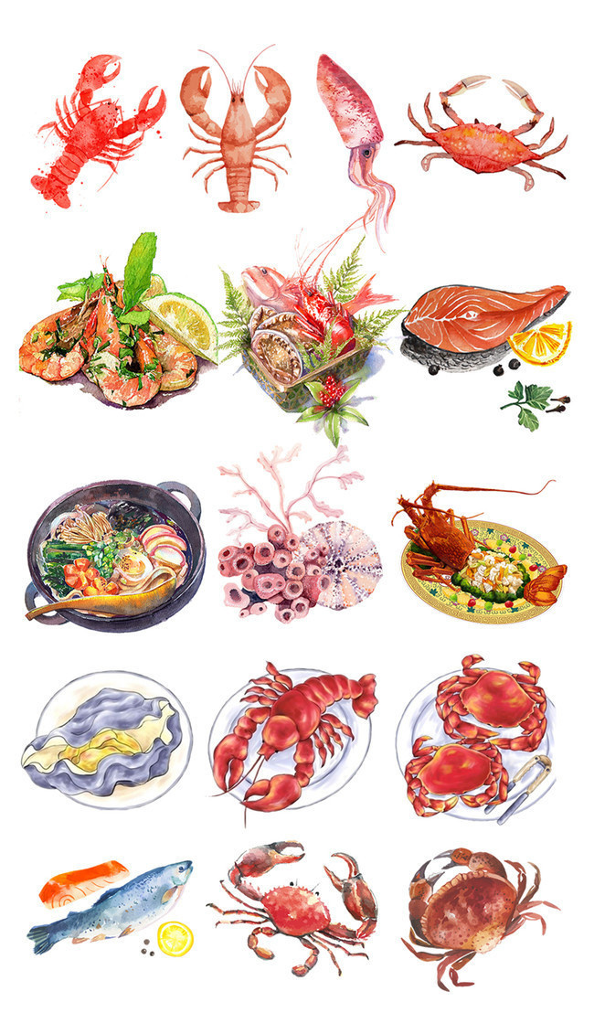 手绘海鲜菜品美食插画图片