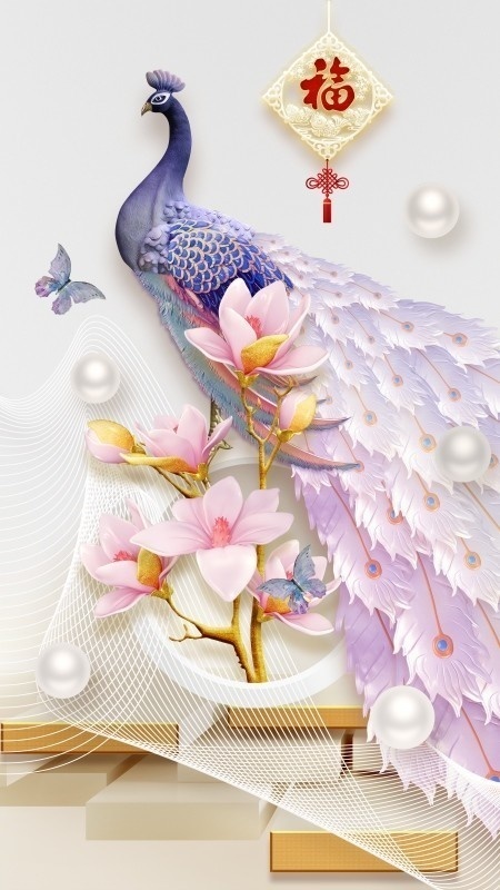 孔雀花卉3D玄关图片