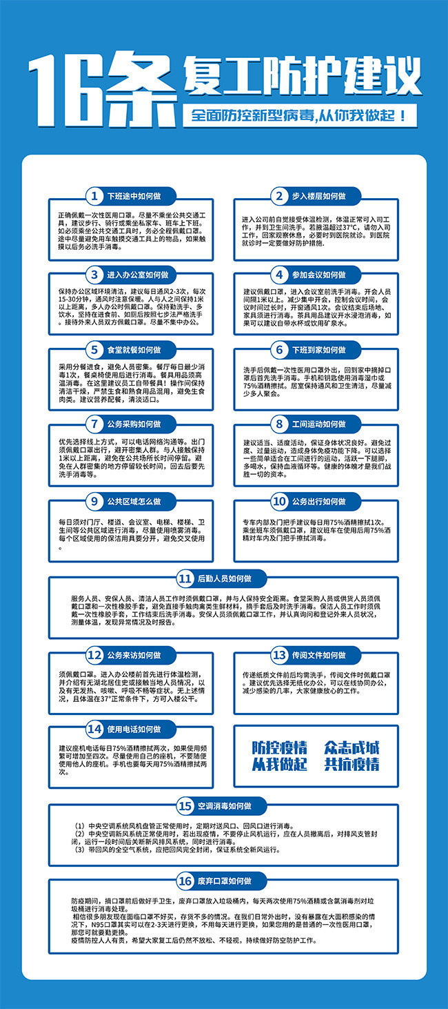 蓝色16条复工防护建议展架