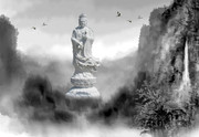 观音大士雕像图片 中国水墨画背景