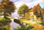 乡村景色油画图片 