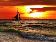 大海黄昏景色 海上的帆船