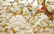 3D玉兰花石墙背景图片