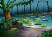 卡通森林风景青蛙池塘插画