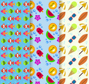 3款彩色夏季鱼食物和度假元素无缝背景