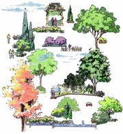 水彩手繪園林景觀植物圖片