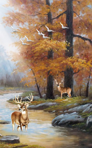 森林溪流麋鹿装饰画