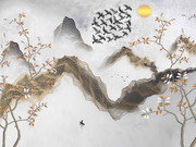 中式抽象山水树枝飞鸟背景墙