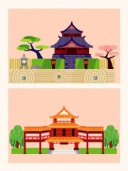 中式古典建筑矢量插画图片