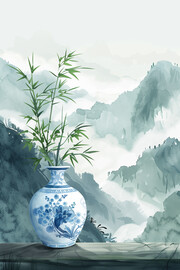 中国风水墨花瓶和山水画图片