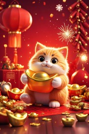 抱着金元宝快乐小猫咪新年拜年壁纸图片