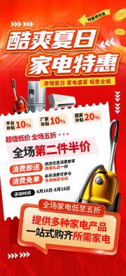 红色风夏季家用电器促销活动海报