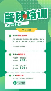 卡通绿色暑假篮球培训班海报
