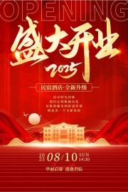 红底大气民宿酒店2025盛大开业宣传海报