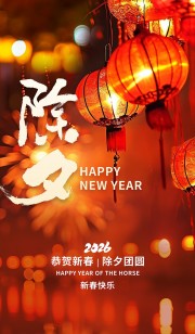 除夕夜景灯笼马年红色中国风海报