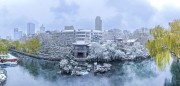 宽幅古城雪景临水亭台全景