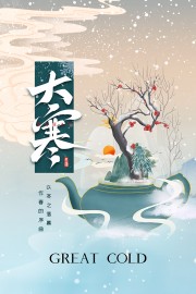 雪天喝茶赏梅大寒传统节气广告