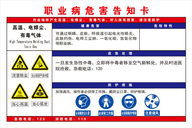 高温、电焊尘、有毒气体职业病危害告知卡模板