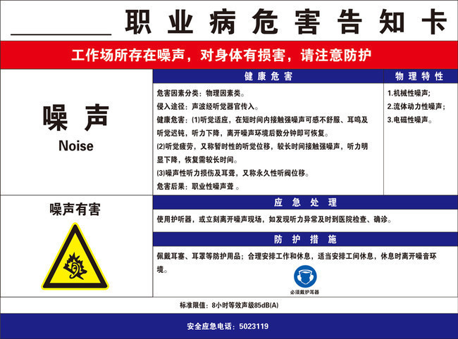 噪声职业病危害告知卡