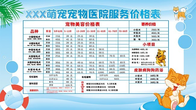 宠物医院服务价格表图片下载