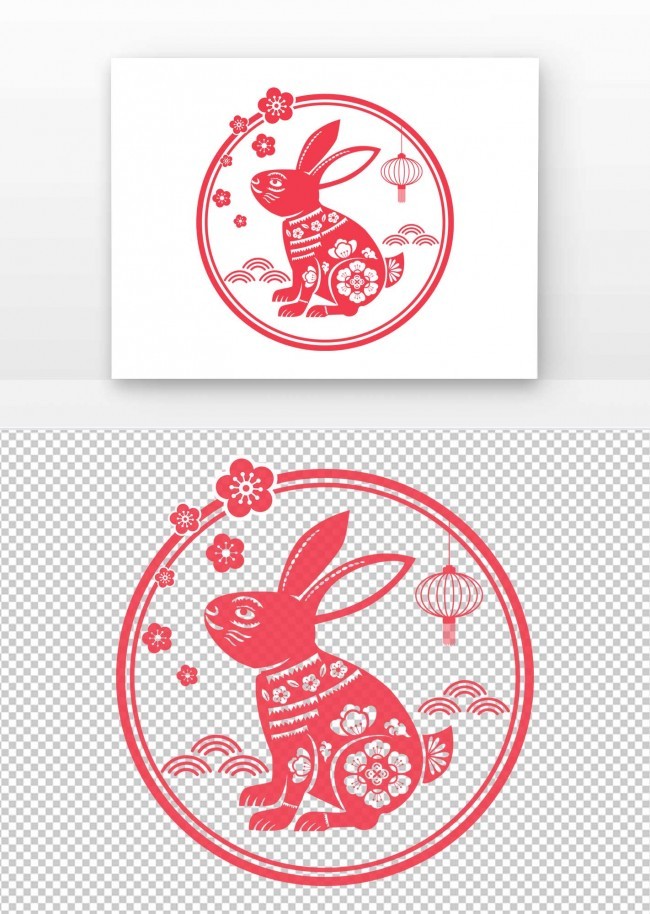 原创手绘兔年生肖剪纸图案