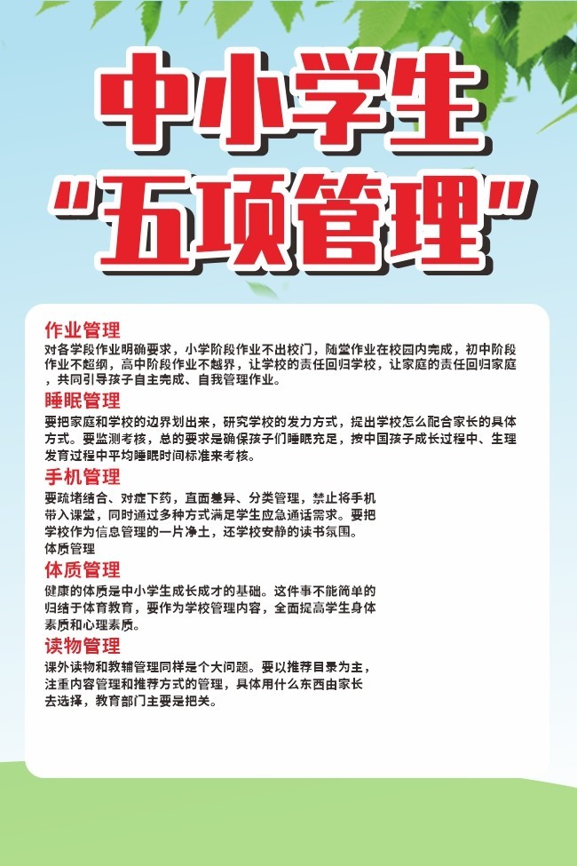 中小学生五项管理海报