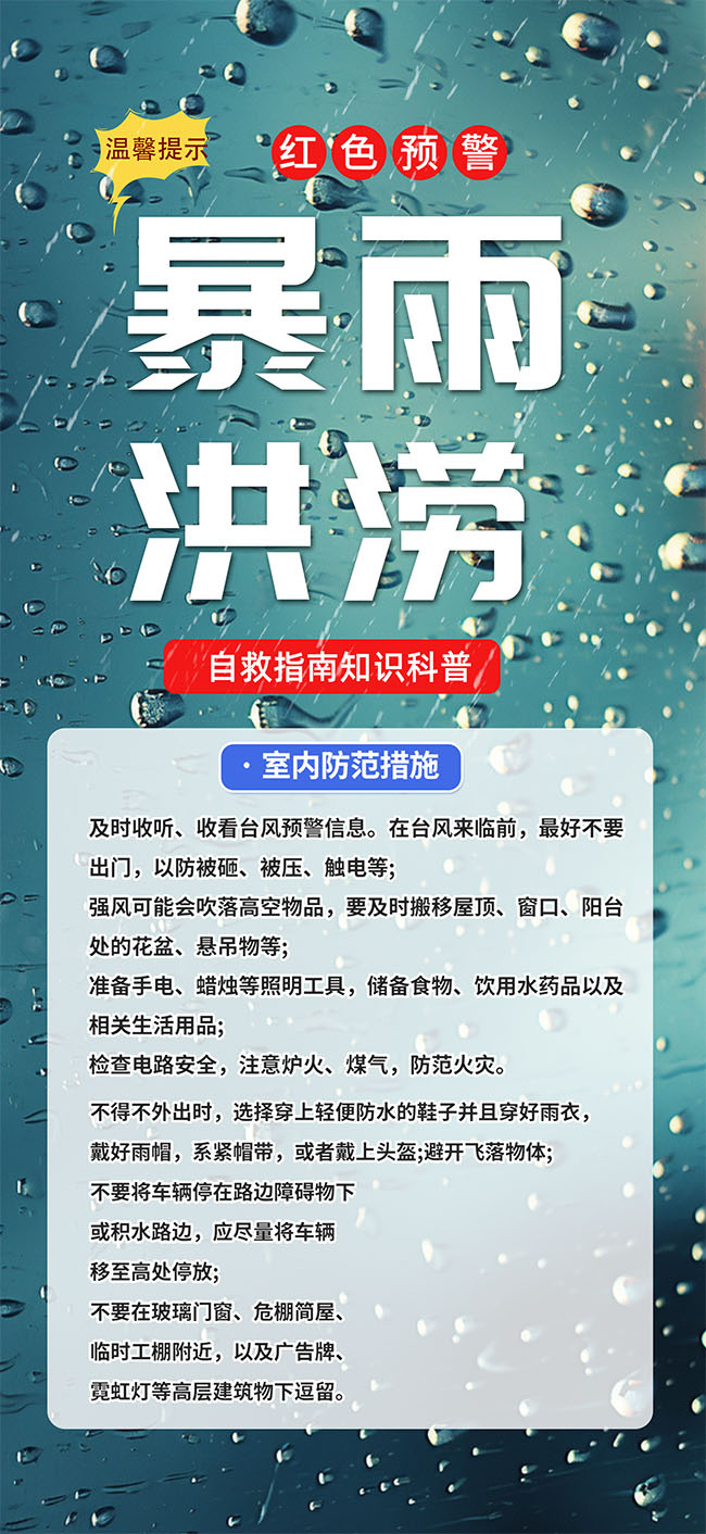 暴雨洪涝自救指南知识科普海报