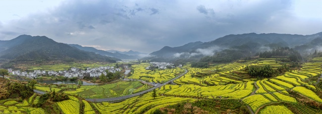 宽幅皖南油菜花田的诗意画卷风景摄影